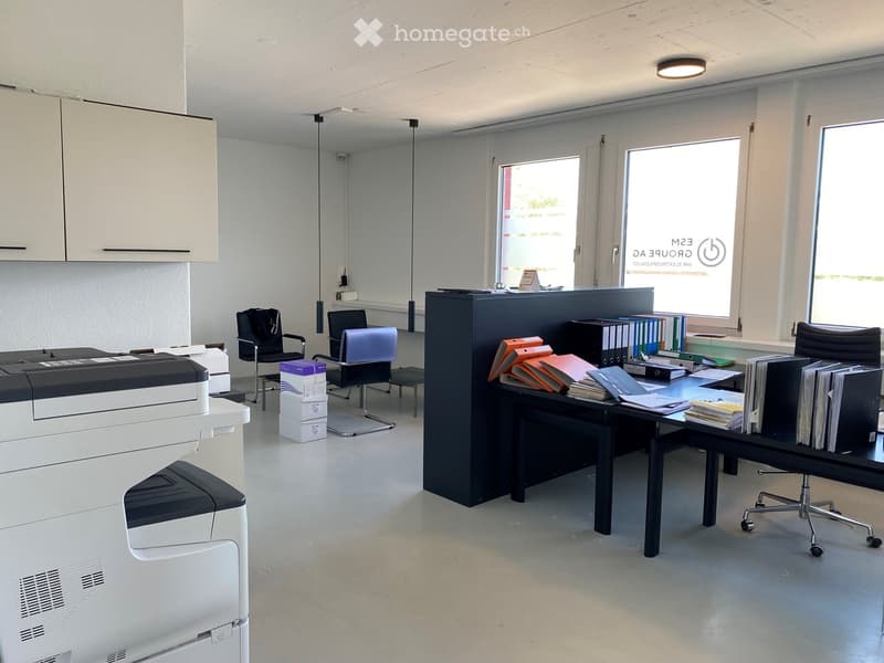 Office space with a printer, chairs, a desk, and cabinets. Large windows provide natural light.