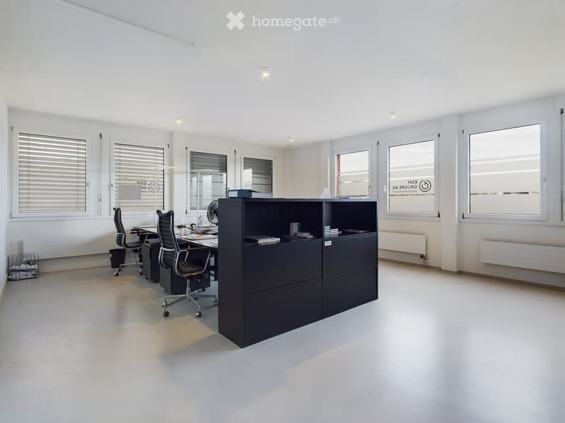 Modern office space with white walls, large windows with blinds, a black cabinet, two office chairs, a desk, and a fan. The room is well-lit with natural light and has a clean, minimalist design.