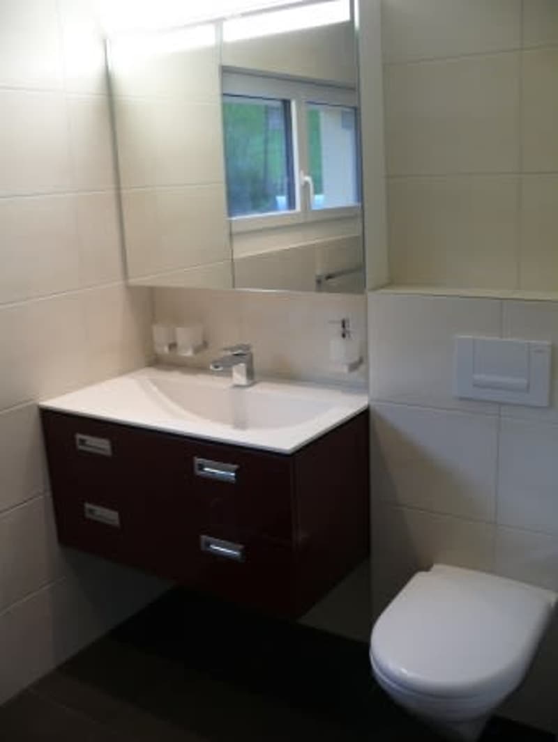 Modern bathroom with a white sink, chrome faucet, mirrored cabinet, and a toilet. The walls are tiled in light beige, and the floor is dark wood.