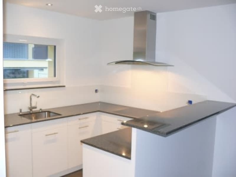 Modern kitchen with white cabinets, stainless steel sink, and a range hood above the stove area.
