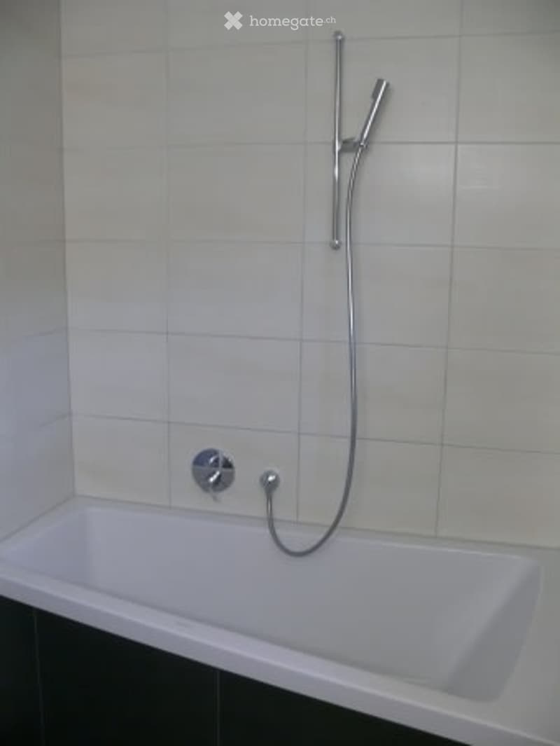 Modern bathroom with a white bathtub, chrome showerhead, and faucet.