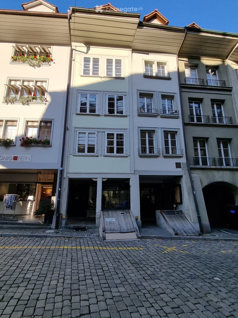 Multi-story building, beige exterior with white windows, red flowers in window boxes, metal railings, entrance with wooden steps, brick pavement, underground garage entrance.