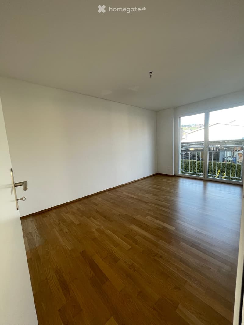 empty room, hardwood floors, white walls, sliding doors to balcony, ceiling lamp