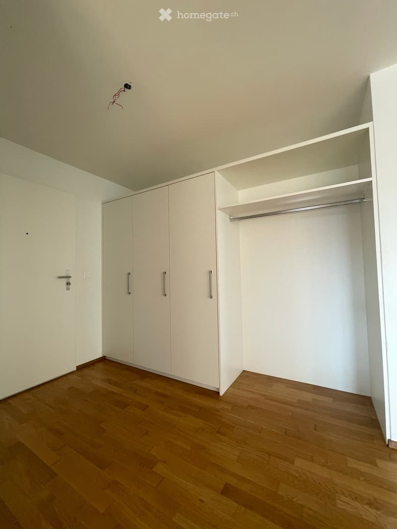 empty room, white walls, wooden floor, built-in wardrobe, hanging rail