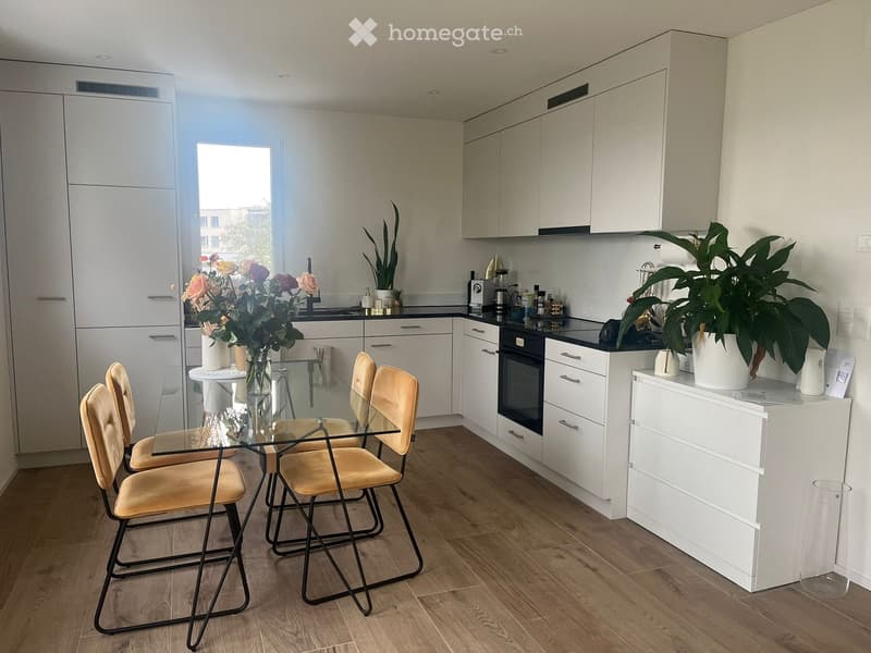open plan kitchen, glass table, yellow chairs, modern appliances, white cabinets, potted plants, window with view