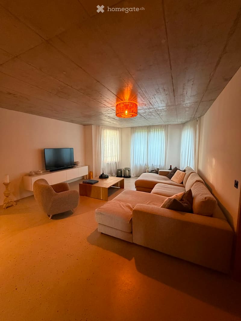 Modern living room with a large sectional sofa, coffee table, armchair, television on a cabinet, and warm lighting from a floor lamp and ceiling fixture.