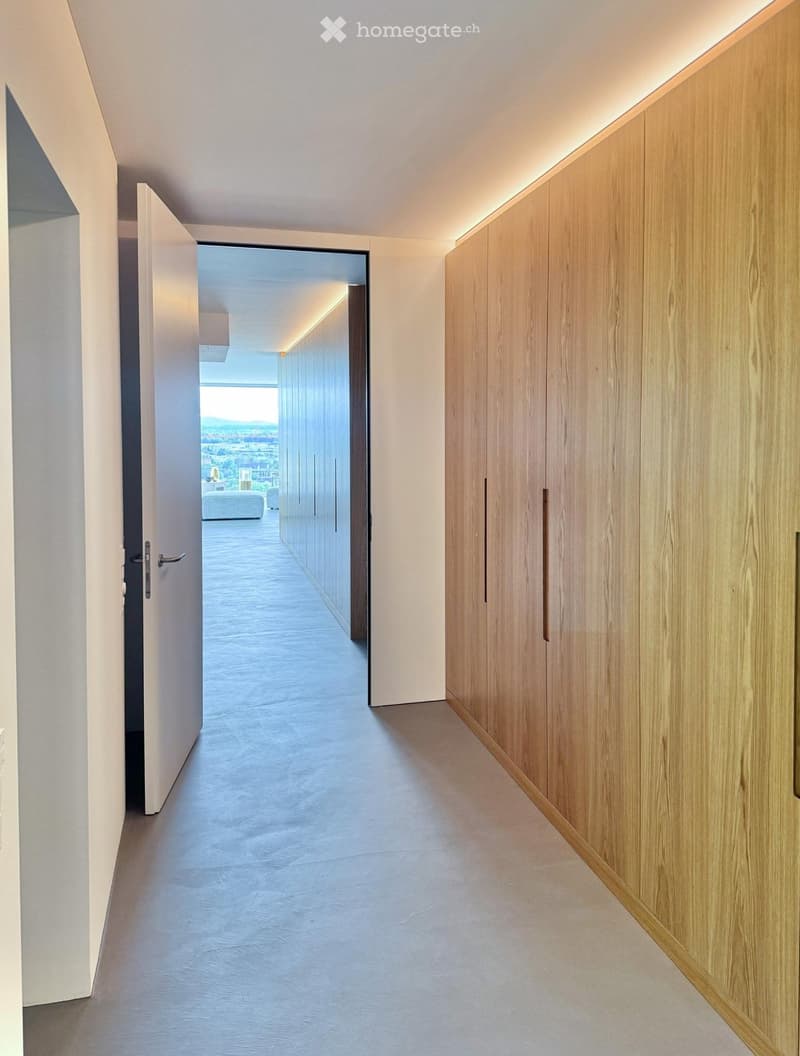 Modern hallway with light wooden built-in cabinets, recessed lighting, and a view of a balcony area through an open doorway.