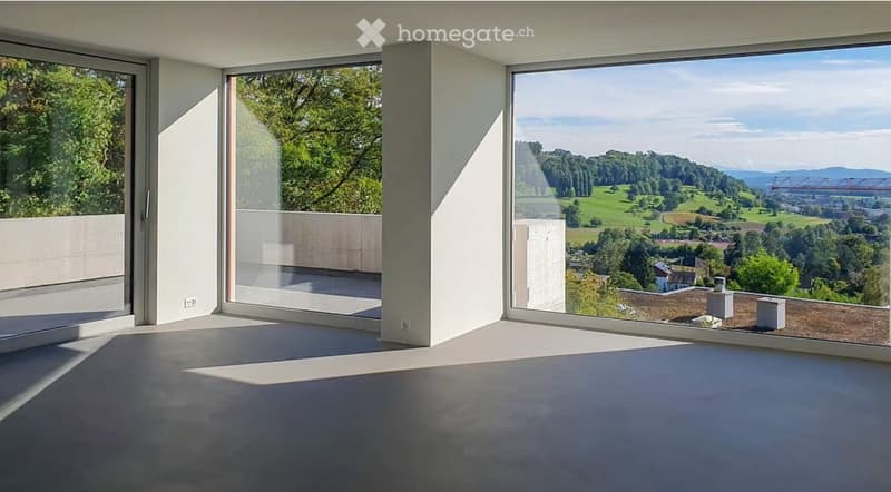 Bright, minimalist room with expansive windows offering scenic views of greenery and distant landscape. The space is unfurnished, featuring a smooth concrete floor and white walls.
