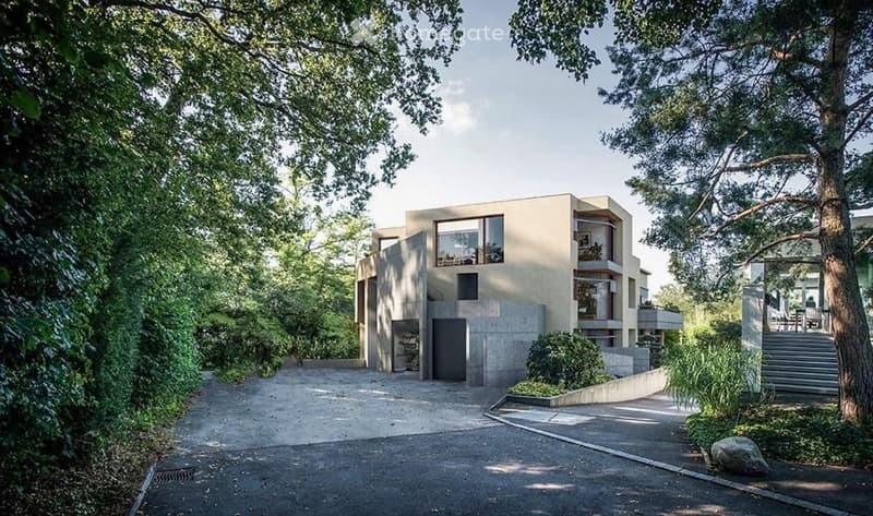 Modern two-story house with a concrete facade, large windows, and a raised ground floor, surrounded by lush greenery and trees.