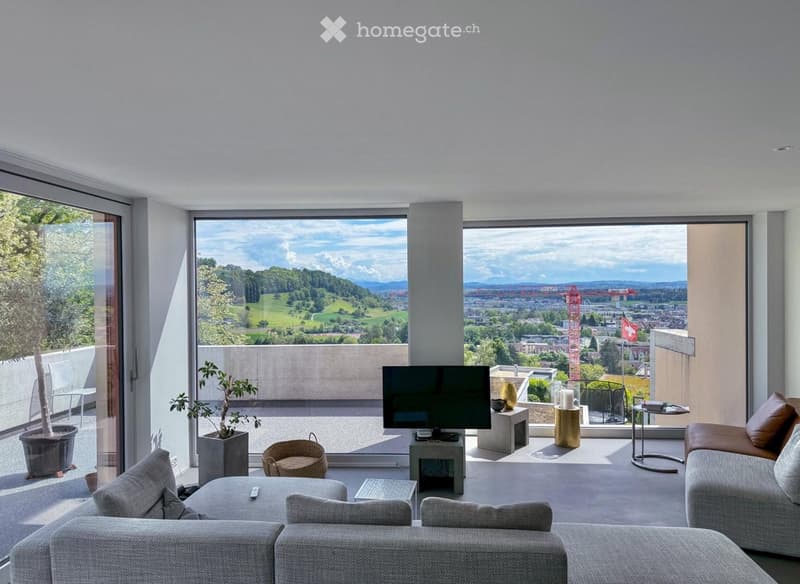 Modern living room with large windows offering scenic views, featuring a grey sectional sofa, coffee table, armchair, television, small table, and potted plants.