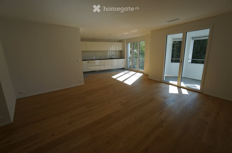 Empty room with wooden flooring, white walls, and large sliding glass doors leading to a balcony. The room is well-lit with natural light and features a small kitchen area with white cabinets and a countertop.