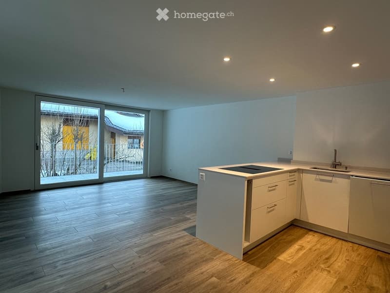 Empty kitchen with light-colored cabinets, a countertop, and a sink, featuring wooden flooring and large sliding glass doors leading outside.