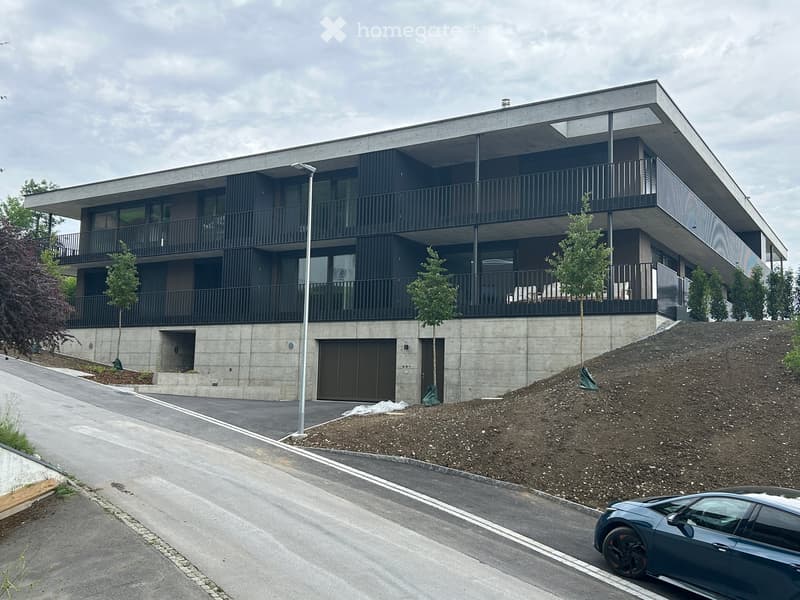 Modern two-story house with concrete and dark wood exterior, large windows, balconies, and a garage.