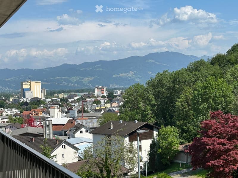 Balcony view overlooking a town with houses, trees, and distant mountains under a partly cloudy sky.