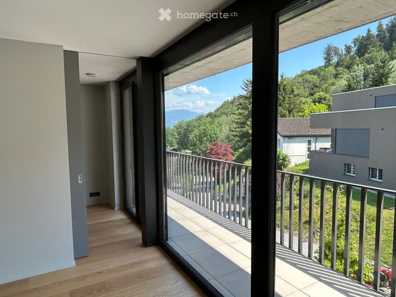 Modern hallway leading to a spacious balcony with wooden flooring, glass walls, and metal railings, overlooking a lush green landscape with trees and mountains.