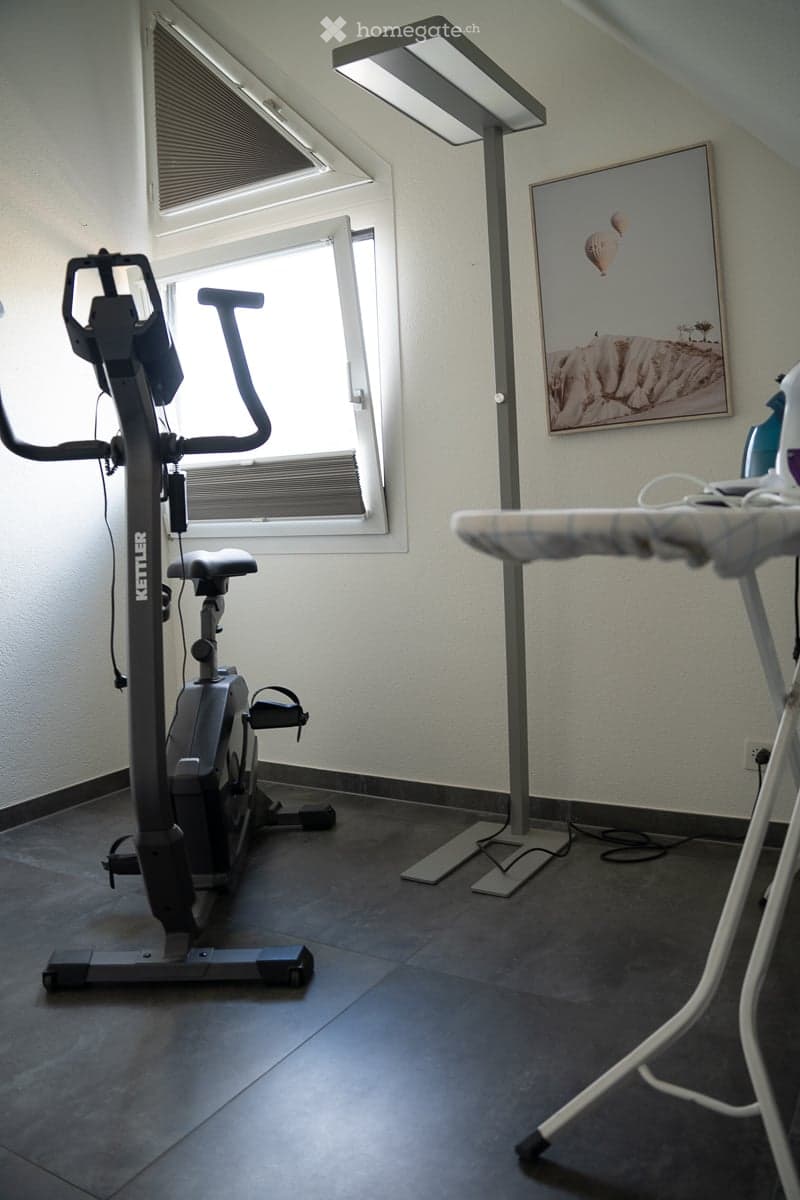 Exercise bike, ironing board, picture frame, and floor lamp in a room with large windows and a slanted ceiling.