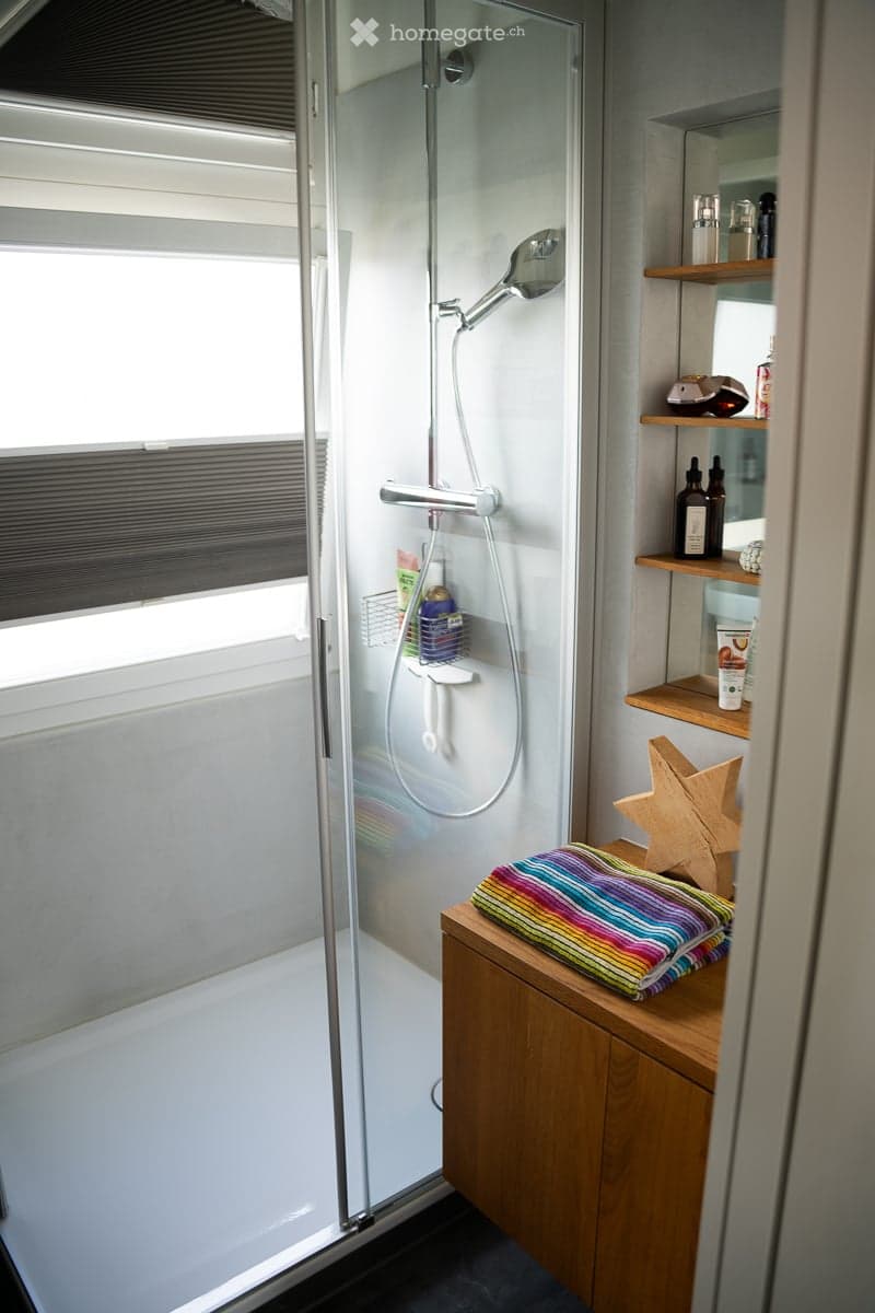 Modern bathroom with a glass-enclosed shower, wooden cabinet, and shelves holding toiletries and towels.