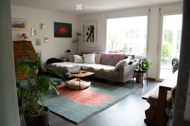 Modern living room with a grey sectional sofa, coffee table, floor lamp, side table, potted plants, dog bed, and picture frames on the wall.