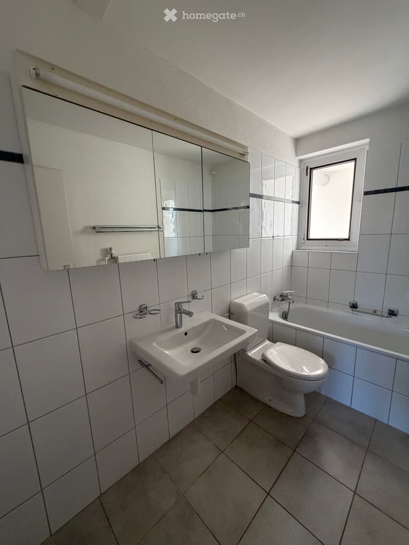 Modern bathroom with white tiles, a sink, toilet, bathtub, and a large mirror with built-in cabinets.