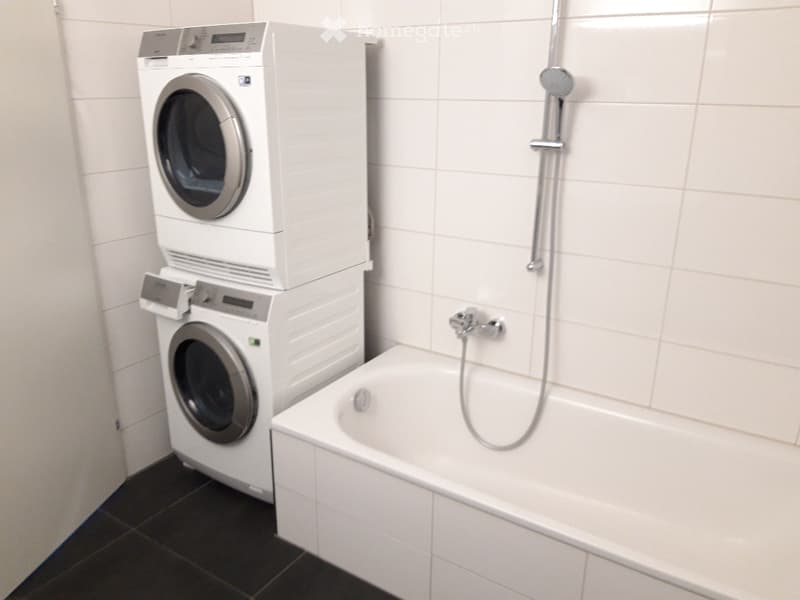 Bathroom with a bathtub, showerhead, and stacked washing machine and dryer.