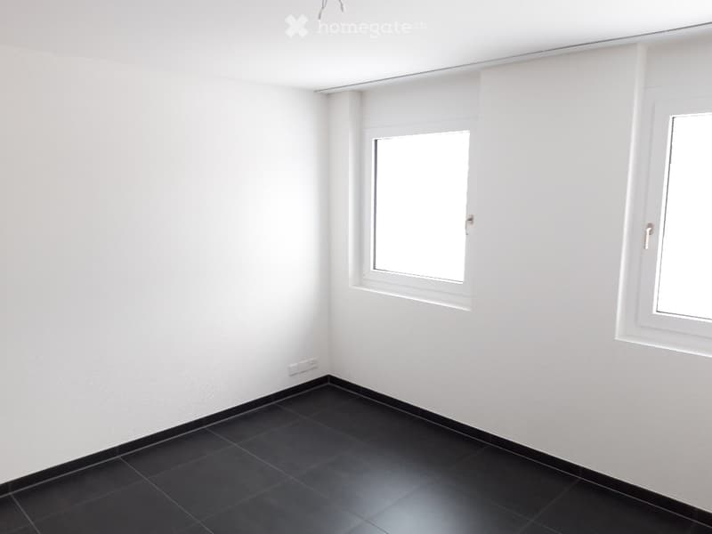 Empty room with white walls, dark tiled floor, and two windows.