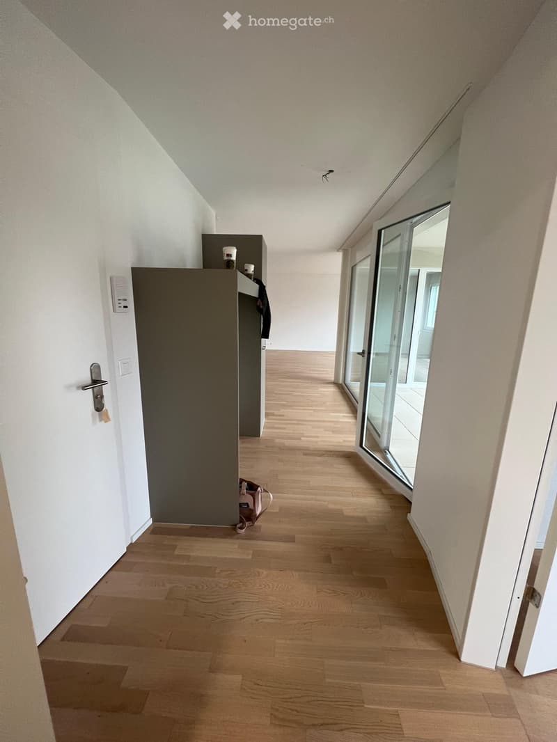 A modern hallway with light wooden flooring, white walls, and a large glass door leading to an outdoor area. A small shelf with cups and a jacket is visible on the left side.