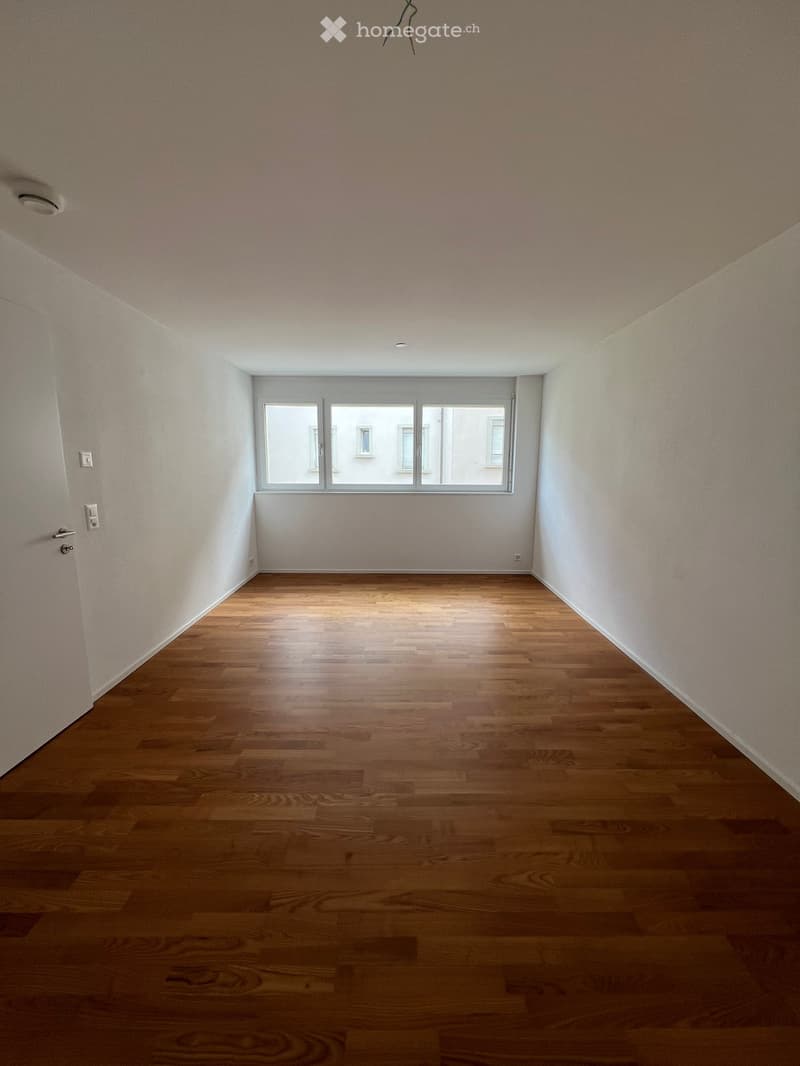 Empty room with wooden flooring, white walls, and a large window with multiple panes.
