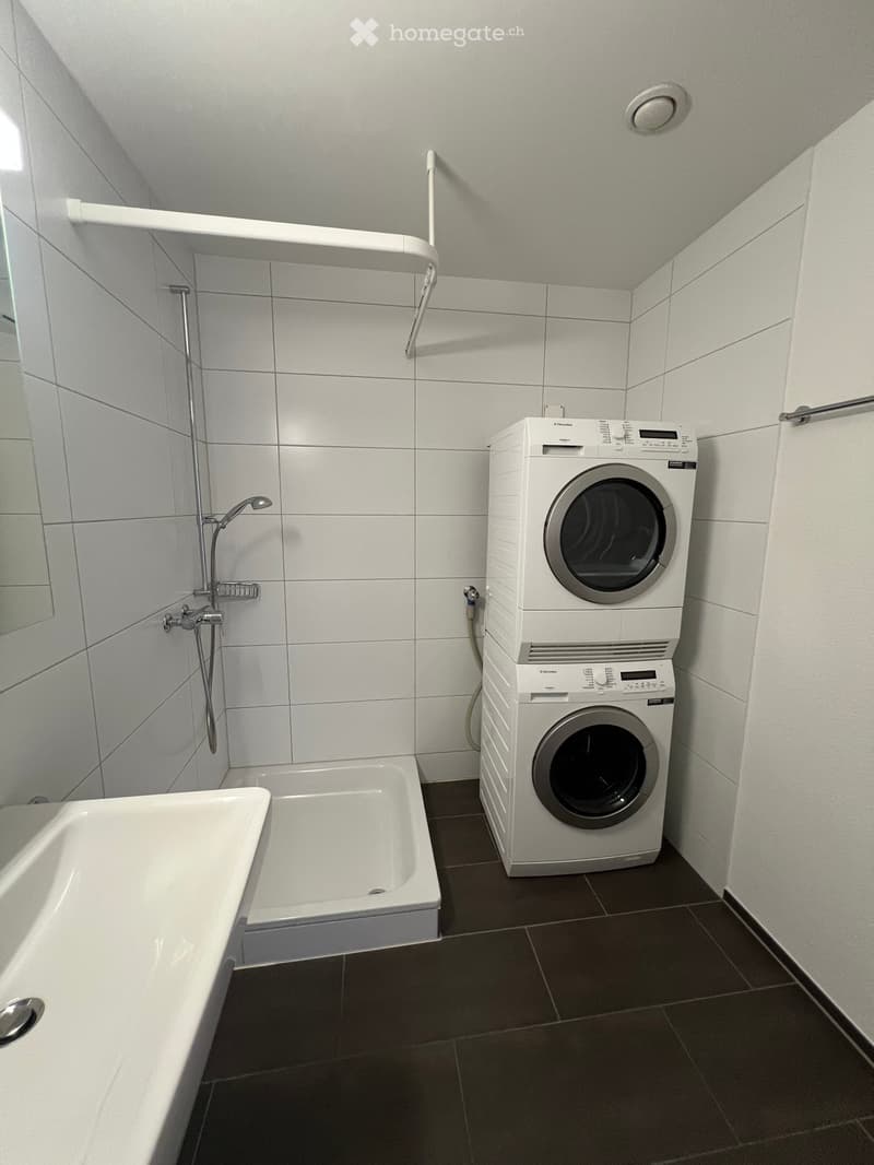 Modern bathroom with a bathtub, shower area, and stacked washing machine and dryer.
