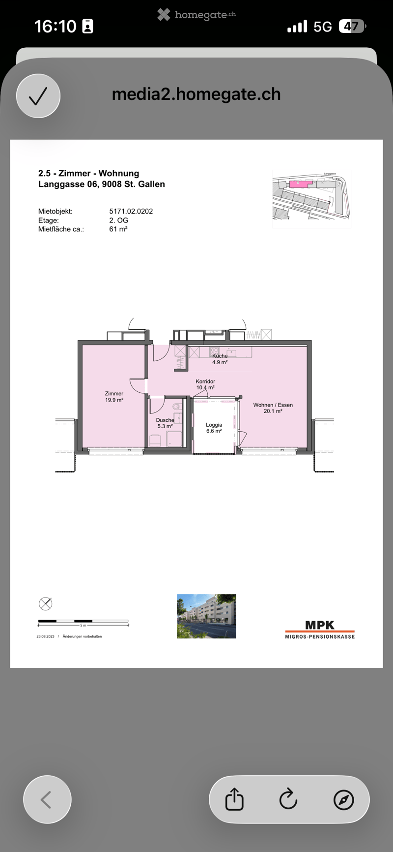 Floor plan of a 2.5-room apartment with a kitchen, living/dining area, bedroom, bathroom, and loggia.