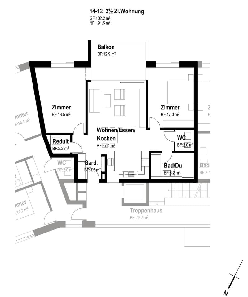 Floor plan of a 3.5-room apartment with a living/dining/kitchen area, two bedrooms, two bathrooms, a balcony, and a hallway.