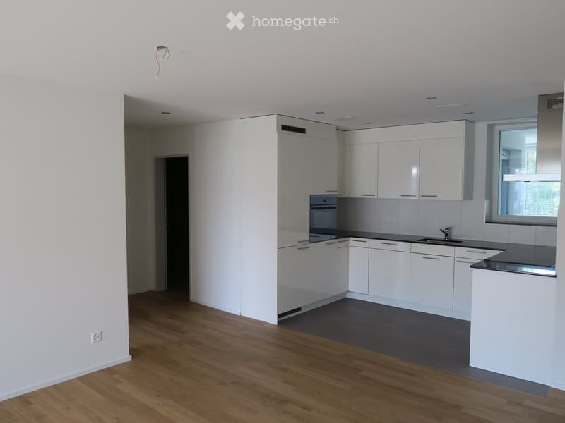Modern, unfurnished kitchen with white cabinets, a black countertop, and a wooden floor.