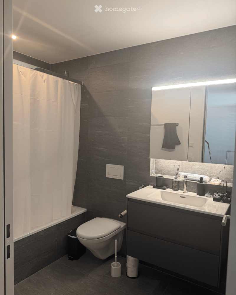 Modern bathroom with dark grey tiles, white toilet, sink with mirror, and shower area with curtain.