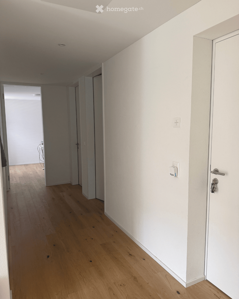 Empty hallway with light wooden flooring, white walls, and multiple doors leading to other rooms.