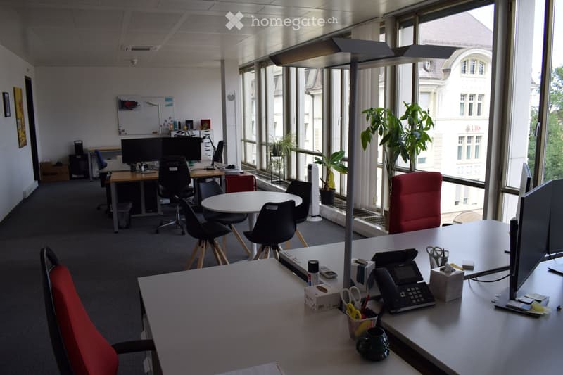 Office space with desks, chairs, screens, a telephone, and plants near large windows.