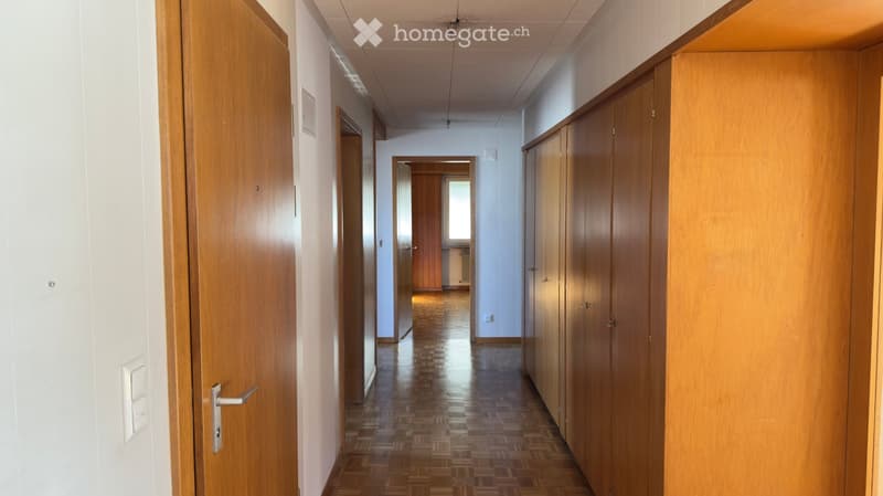 Empty hallway, parquet flooring, wooden built-in cabinets, light walls