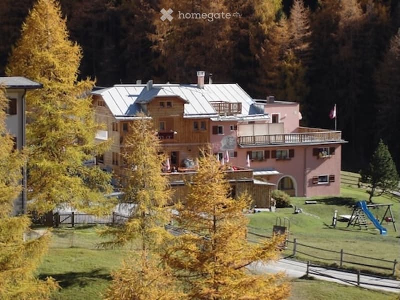 A multi-story building with a mix of wooden and pink facades, surrounded by autumn-colored trees and a fenced yard with playground equipment.