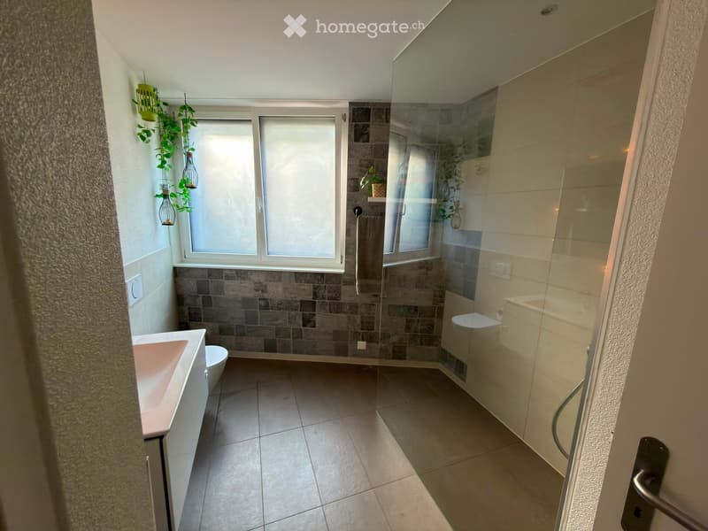 Modern bathroom with a sink, toilet, bathtub, and glass-enclosed shower. Features tiled walls and floor, a window with blinds, and decorative hanging plants.