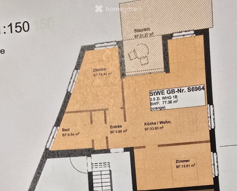Floor plan of a 3.5-room apartment with living/dining area, kitchen, bedroom, and bathroom.