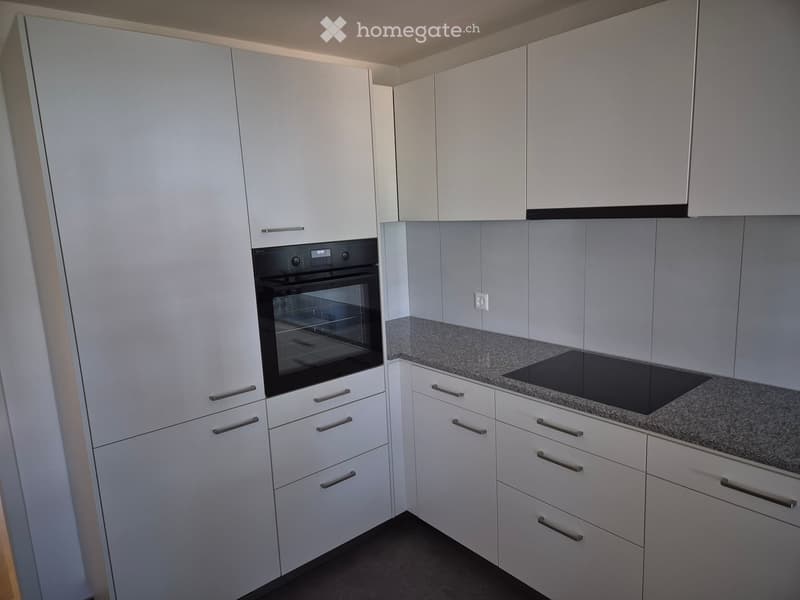 Modern kitchen with white cabinets, grey countertop, induction stove, and built-in oven.