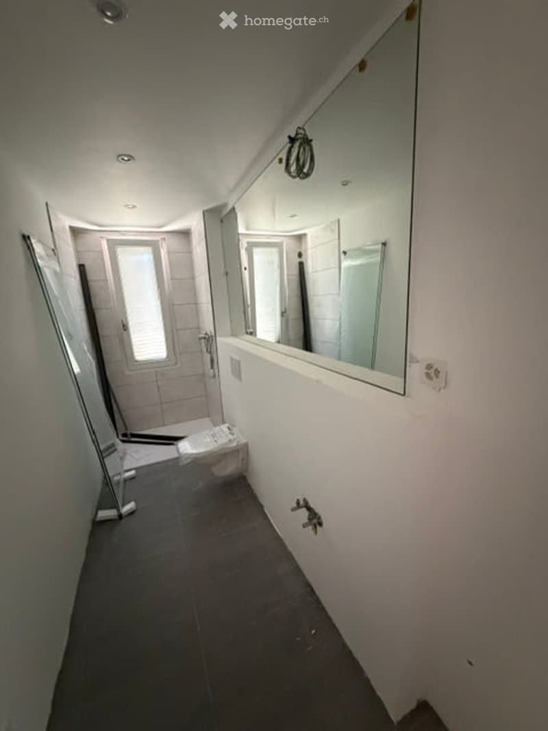 A narrow hallway with white walls, a large mirror on one side, and a small bathroom visible at the end. The floor is dark grey, and the ceiling has recessed lighting.