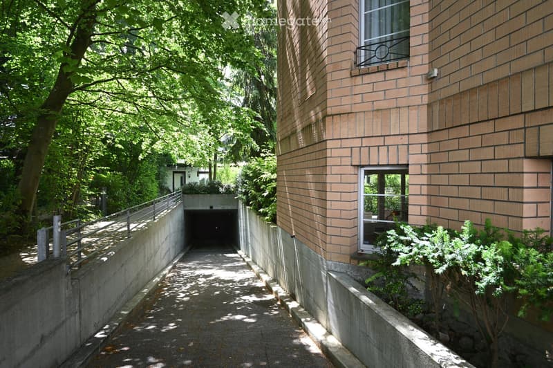A narrow concrete pathway leads to a garage entrance, flanked by a modern brick building and lush greenery.