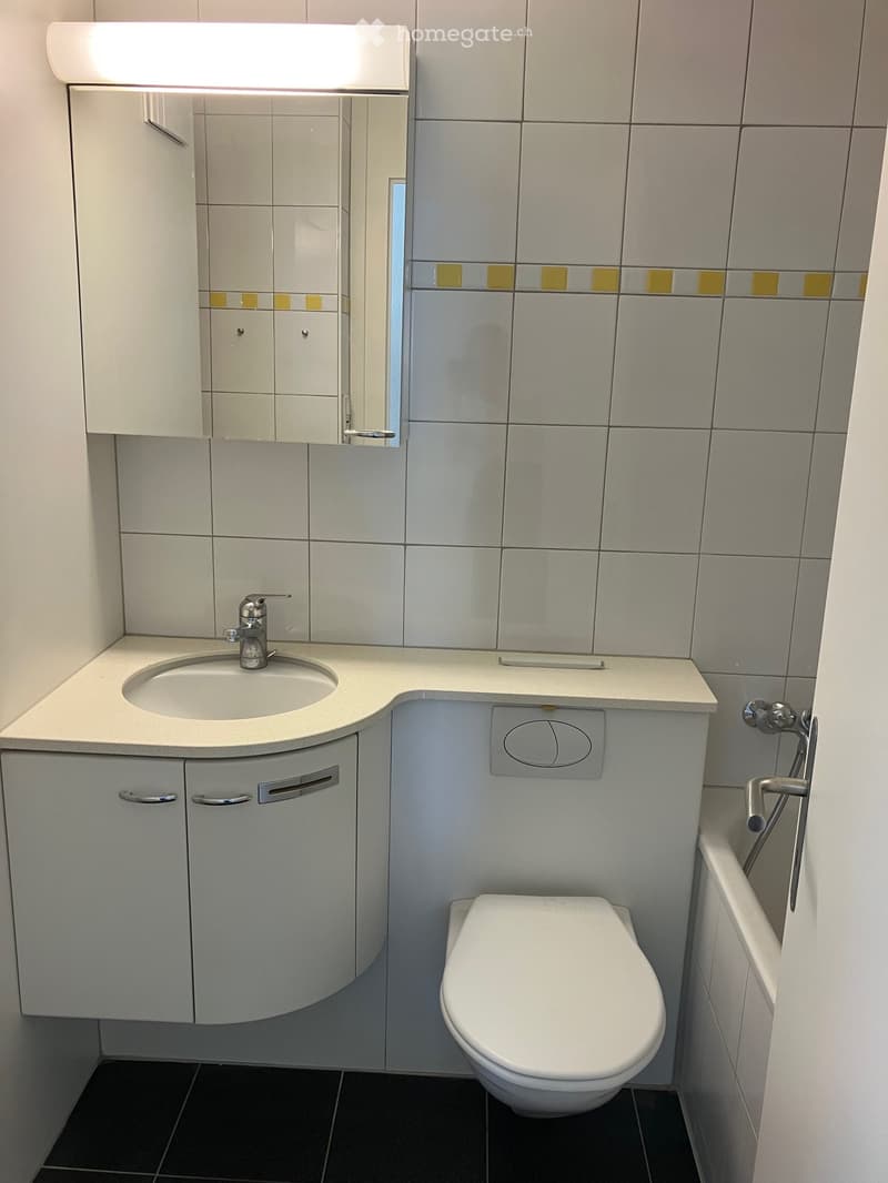 Modern bathroom with white tiles, a sink with a mirror cabinet, a toilet, and a dark tiled floor.