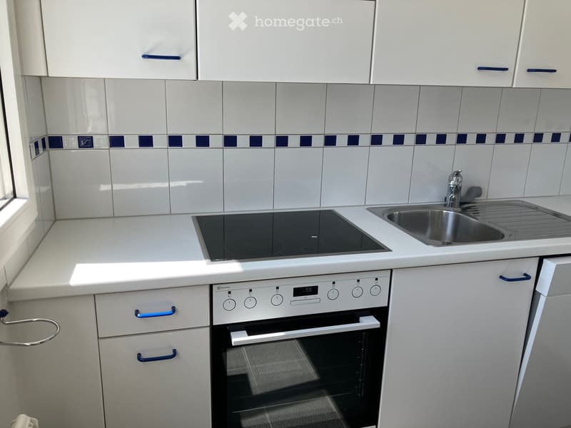 Modern kitchen with white cabinets, electric stovetop, sink, and built-in oven. Blue accents on cabinet handles and tiles.