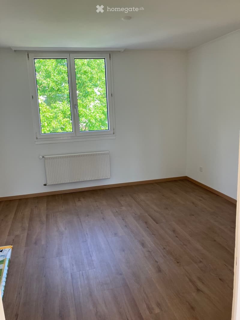 Empty room with light wooden flooring, white walls, a radiator, and a large window with a view of greenery.