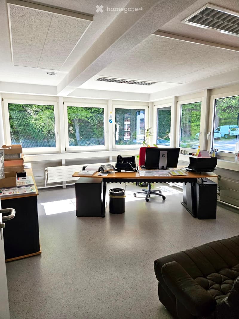Office space with a large desk, computer, chair, sofa, and radiator, large windows with a view of greenery.