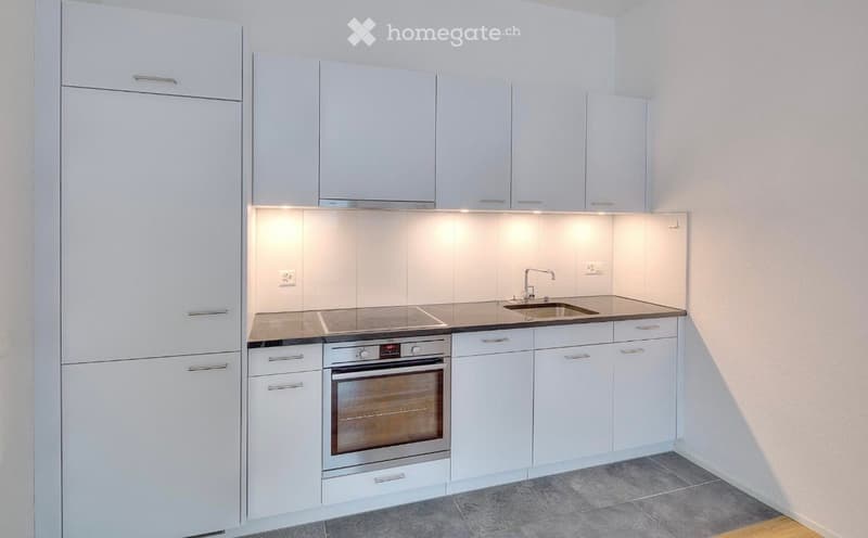 Modern kitchen with white cabinets, stainless steel oven, sink, and faucet, illuminated by under-cabinet lighting.