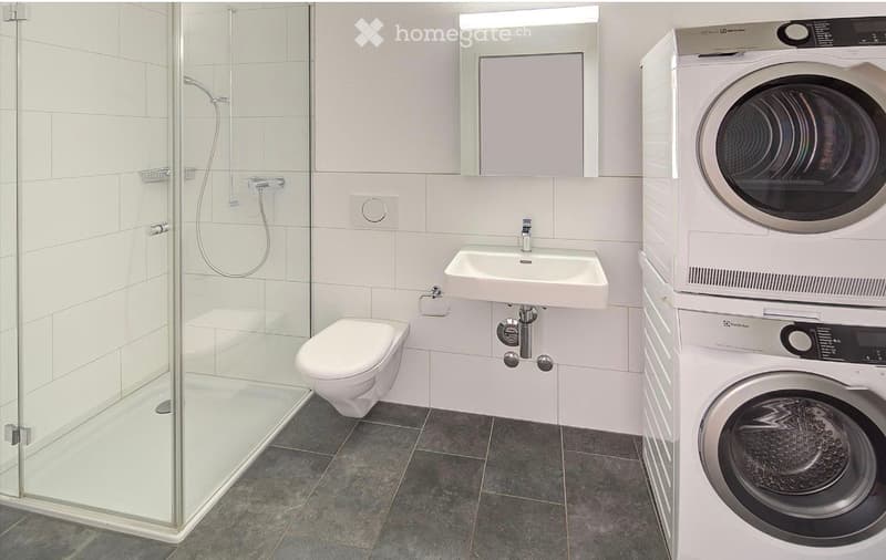 Modern bathroom with a glass-enclosed shower, toilet, sink, mirror, and stacked washing machine and dryer.