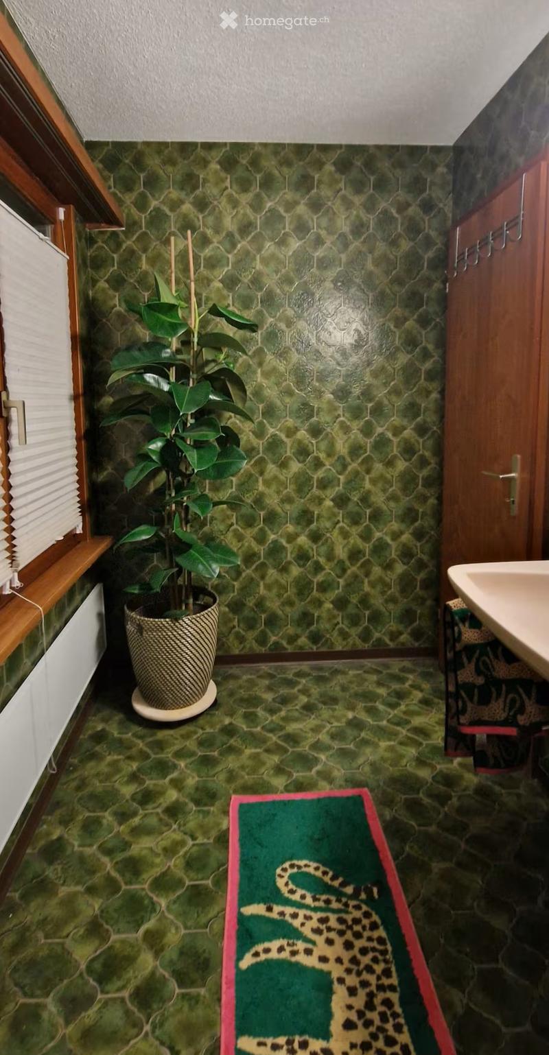 Bathroom with green hexagonal tiles on walls and floor, a potted plant, a sink, and a green and pink rug with a leopard print design.