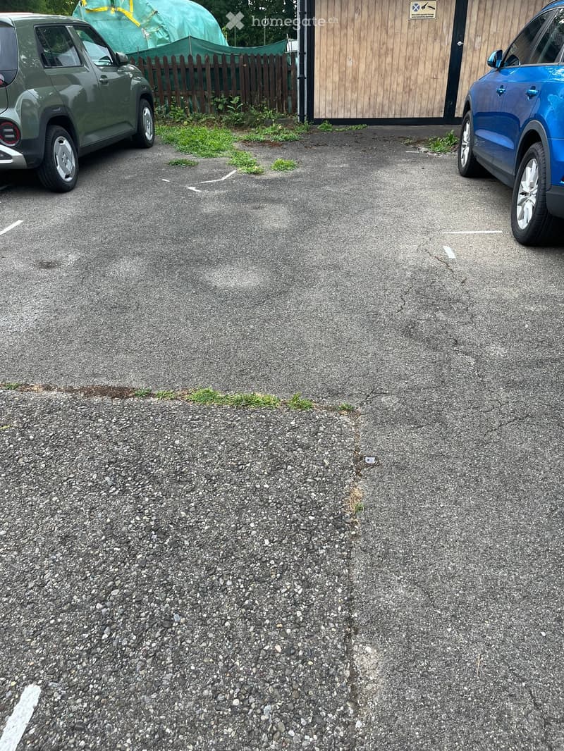 Gravel driveway with two parked cars, a wooden fence, and a green tarp-covered structure in the background.