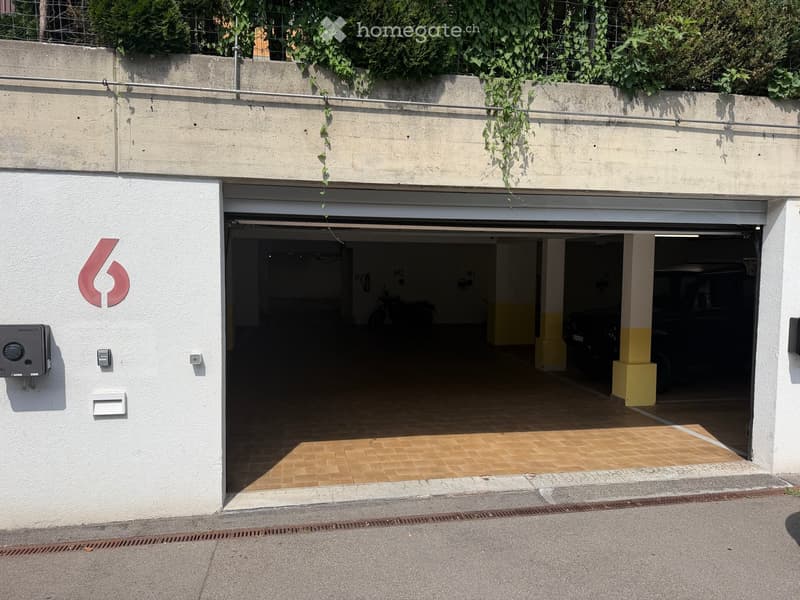 Garage entrance with tiled floor, concrete walls, and greenery on the roof.